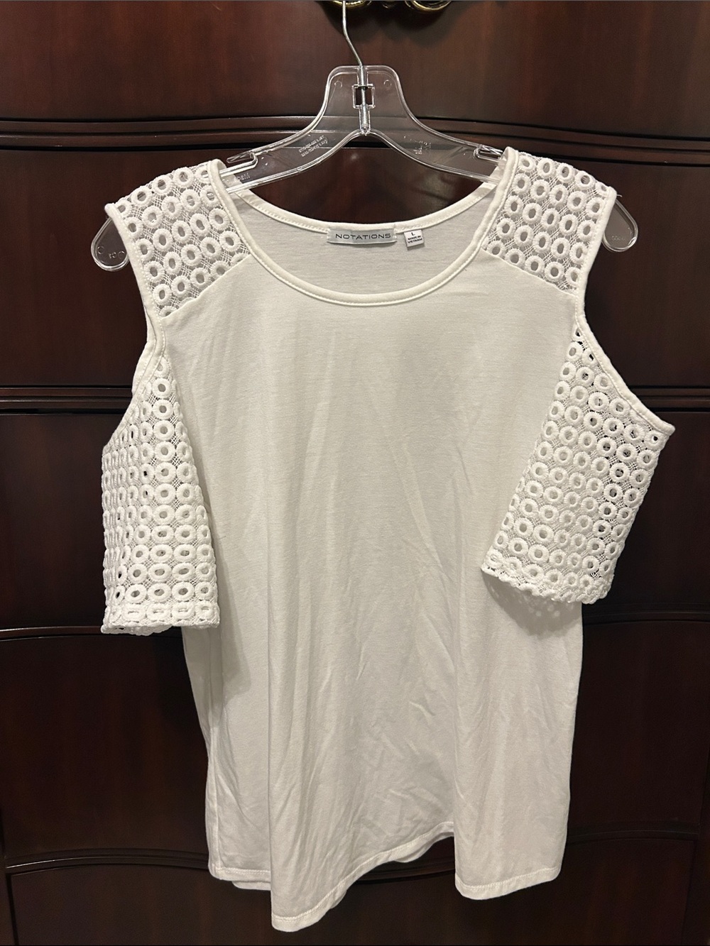 Notations White Cold-Shoulder Crochet Sleeve Tee